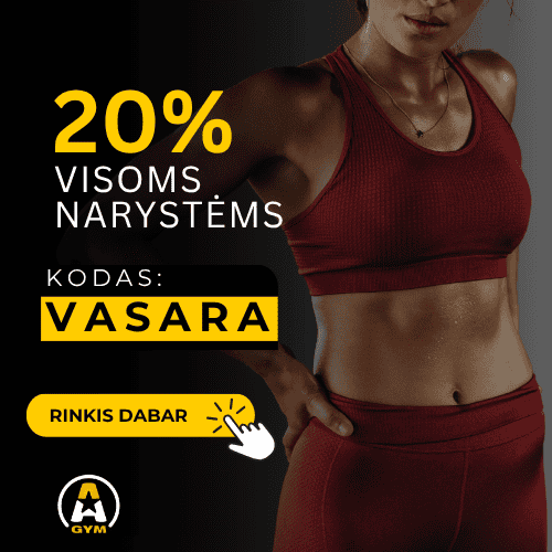 Moteris raudona sportine apranga stovi uždėjusi ranką ant klubo. Žinutėje siūloma 20 % nuolaida visoms sporto klubo narystėms su kodu „VASARA“, o ant geltono mygtuko parašyta „Rinkis dabar“. Apačioje yra sporto klubo logotipas.
