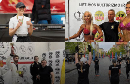 Keturių sporto renginių nuotraukų koliažas: besišypsantis bėgikas su medaliu, dvi moterys ir vyras, pozuojantys kultūrizmo varžybose, dziudo apdovanojimų ceremonija ir bėgikų grupė miesto gatvėje.
