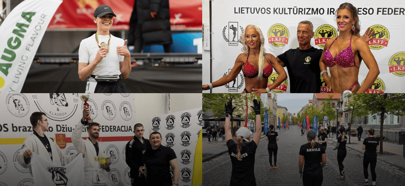 Keturių sporto renginių nuotraukų koliažas: besišypsantis bėgikas su medaliu, dvi moterys ir vyras, pozuojantys kultūrizmo varžybose, dziudo apdovanojimų ceremonija ir bėgikų grupė miesto gatvėje.