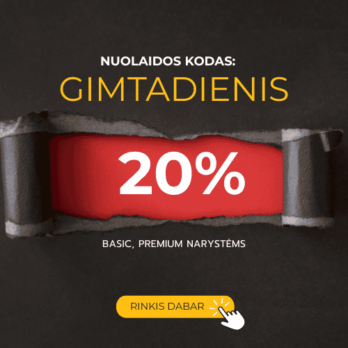 Perplėštame juodame popieriuje matomas raudonas fonas, kuriame dideliu baltu tekstu parašyta "20%". Viršuje užrašyta: "Nuolaidos kodas: GIMTADIENIS", o apačioje - "BASIC, PREMIUM NARYSTĖMS". Ant geltono mygtuko užrašyta "RINKIS DABAR" su kursoriaus piktograma.