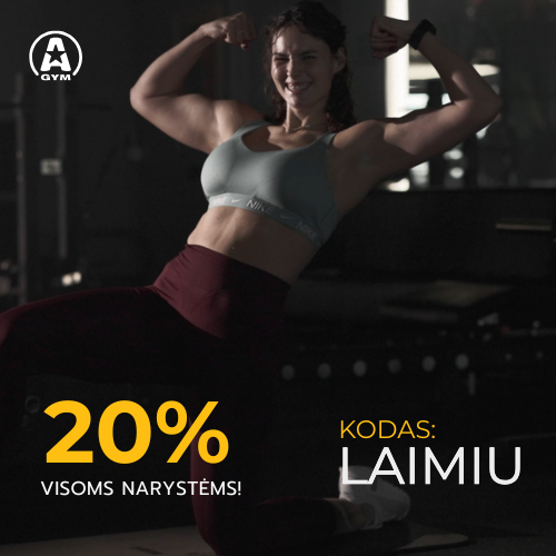 Sporto salėje sportinę aprangą vilkinti moteris lenkia rankas ir šypsosi. Tekste rašoma "20% visoms narystėms!" ir "Kodas: LAIMIU", reklamuojant 20 % nuolaidą visoms narystėms su kodu.