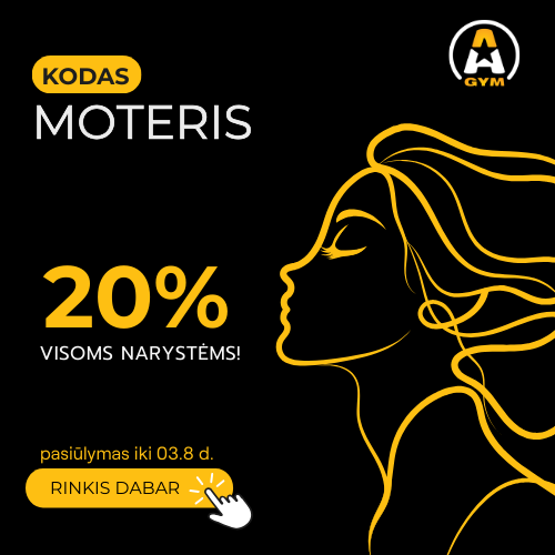 Minimalistinė aukso spalvos moters profilio grafika juodame fone. Tekste siūloma 20 % nuolaida visoms sporto klubo narystėms su kodu "MOTERIS". Pridedamas geltonas mygtukas su užrašu "RINKIS DABAR" ir terminu "pasiūlymas iki 03.8 d.