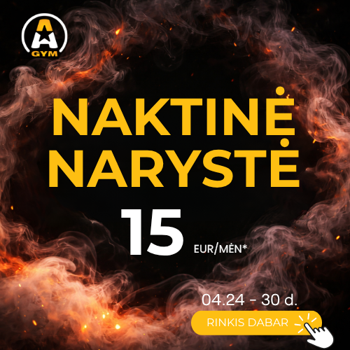 Dūminis fonas su ryškiu geltonu tekstu lietuvių kalba: "Naktinė narystė 15 EUR/mėn*". Baltos spalvos kalendoriaus piktograma rodo: "04.24 - 30 d." Geltoname mygtuke parašyta "Rinkis dabar". Viršutiniame kairiajame kampe yra sporto salės logotipas.