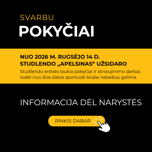 Juodame fone geltonu ir baltu tekstu pranešama apie sporto klubo „Apelsinas“ uždarymą nuo 2026 m. rugsėjo 14 d., taip pat pateikiamas geltonas mygtukas „RINKIS DABAR“ su rankos spustelėjimo piktograma.
